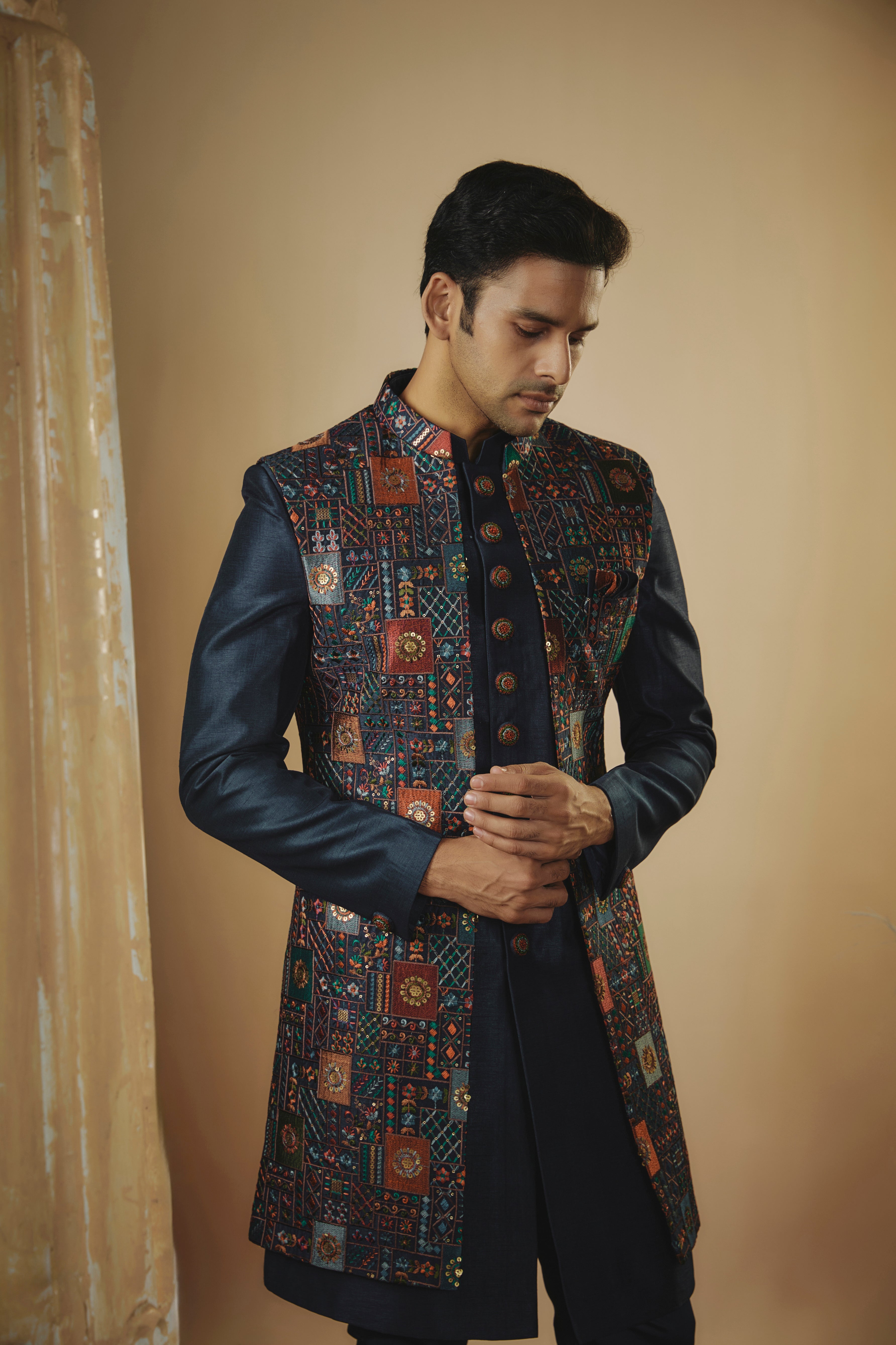 Indigo blue plain imported resham embroidered open-indowestern set