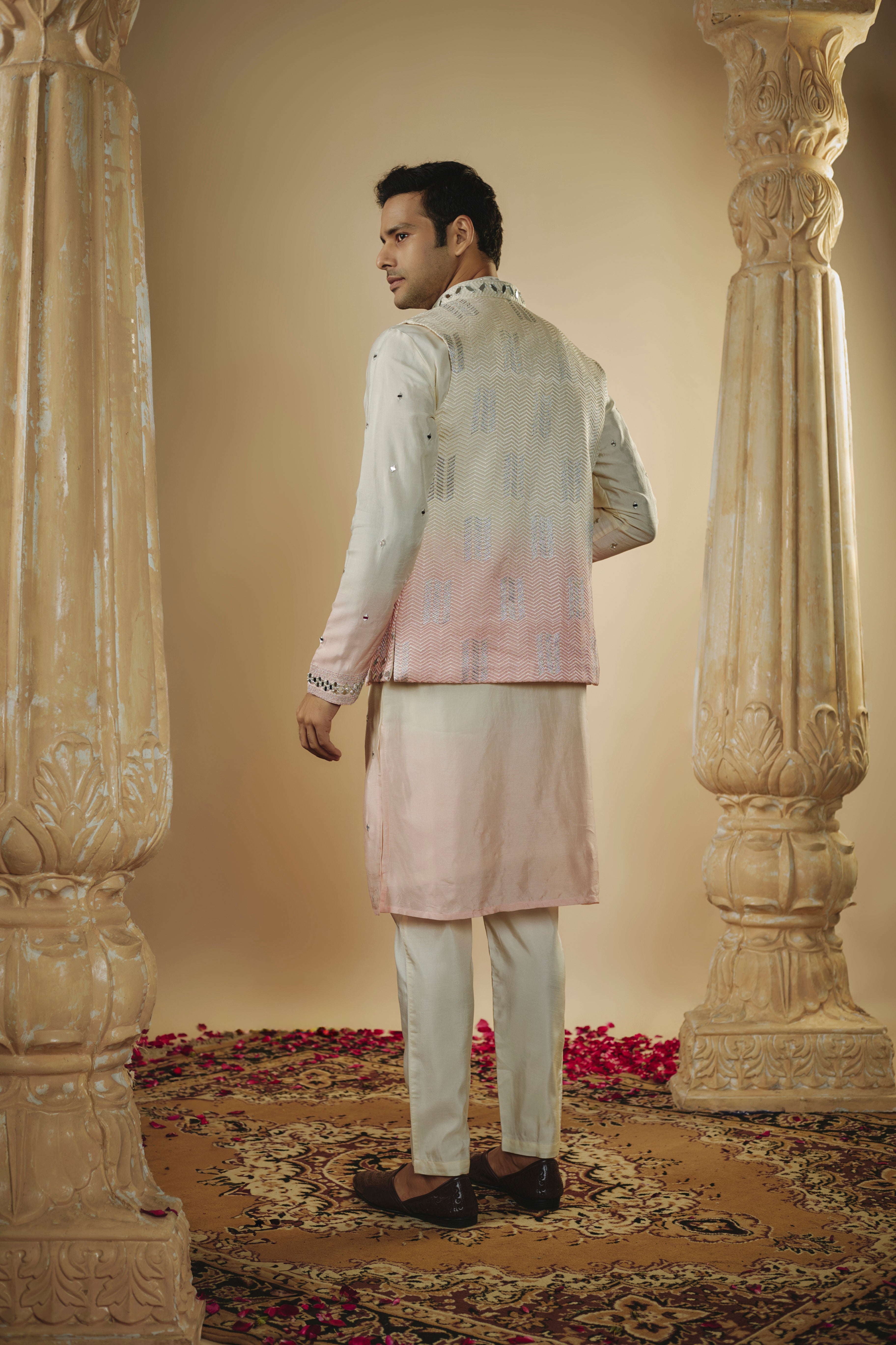 White pink ombre lucknowi art silk mirror embellished kurta jacket set