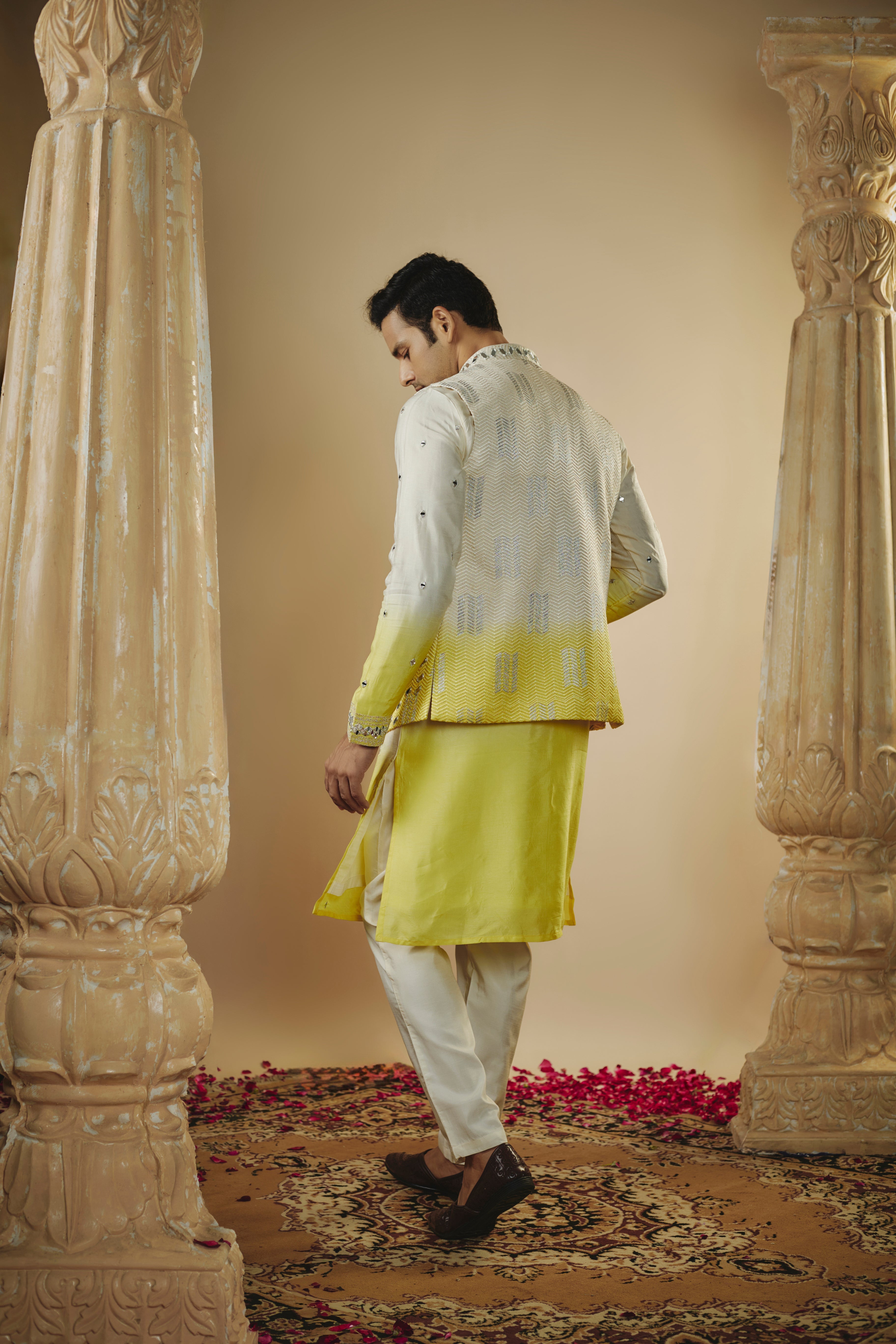 White yellow ombre lucknowi art silk mirror embellished kurta jacket set
