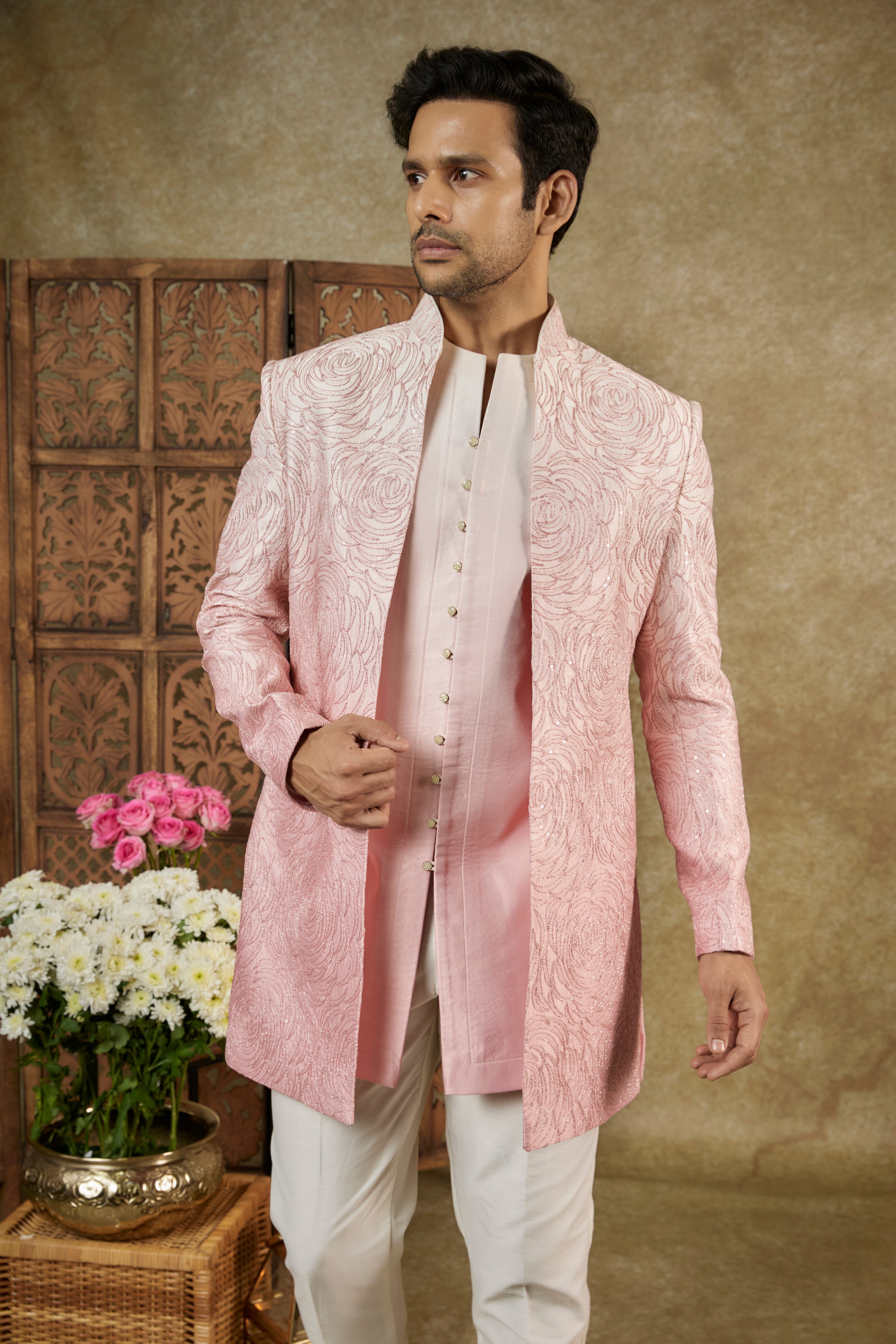 OMBRE ROSE WHITE SHARTING SILK OPEN INDOWESTERN SET WITH DORI WORK