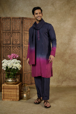 Ombre Berry Silk Kurta Set With Mirror And Resham Work