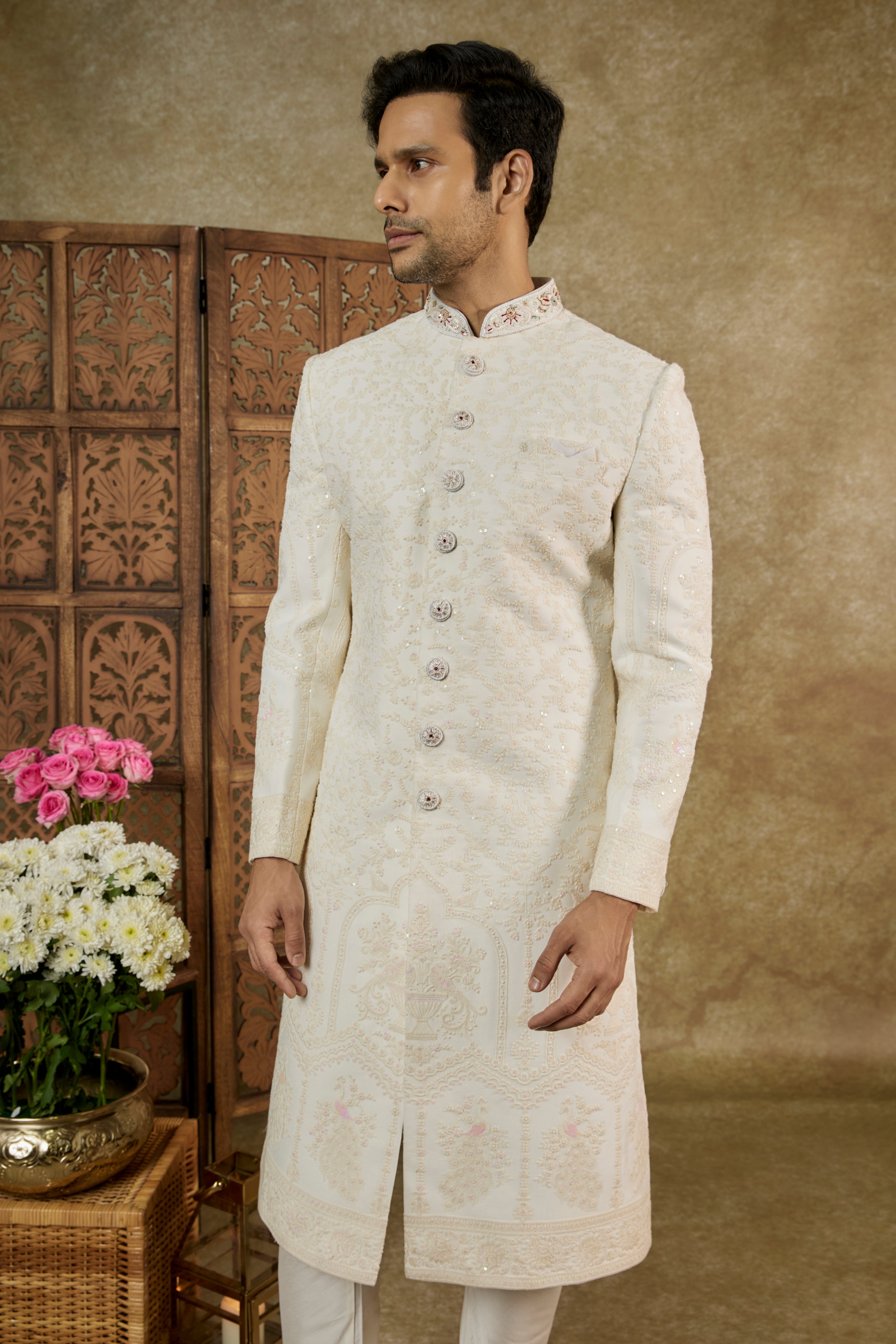 NUDE CREAM LUCKNOWI SEQUINNED SHERWANI SET