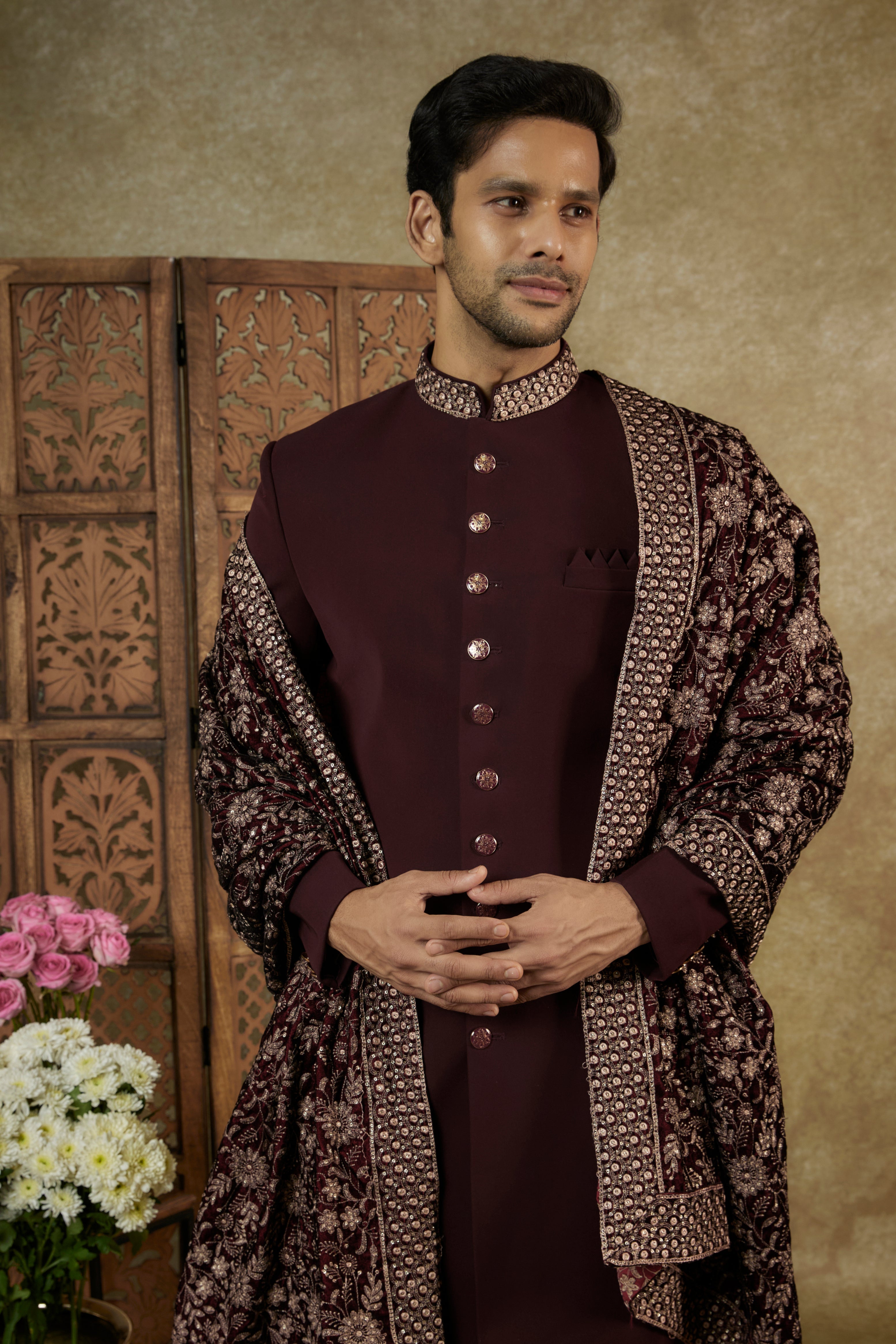 DEEP MAROON LUCKNOWI VELVET NAWABI SHERWANI SET