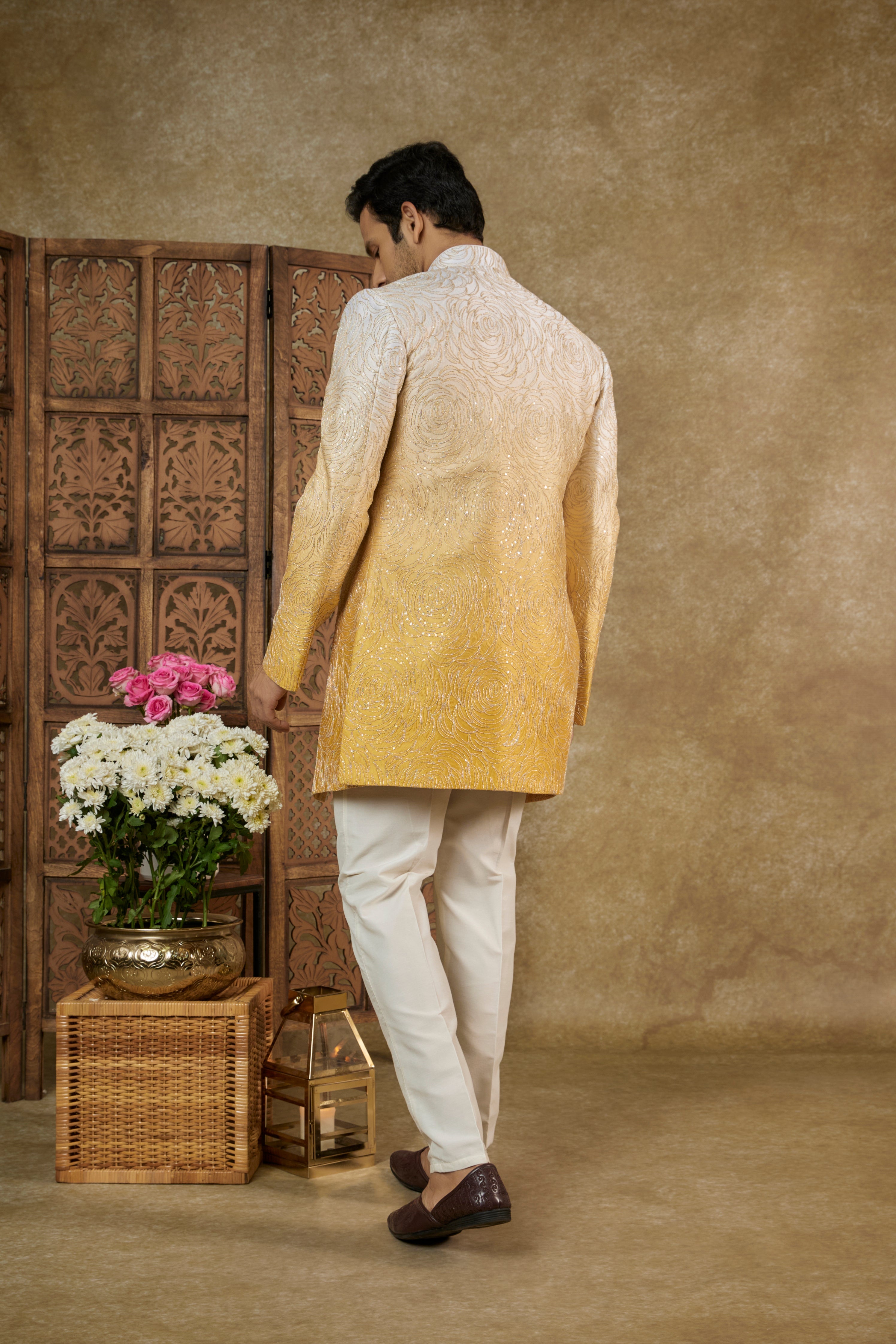OMBRE CANARY YELLOW SHARTING SILK OPEN INDOWESTERN SET WITH DORI WORK