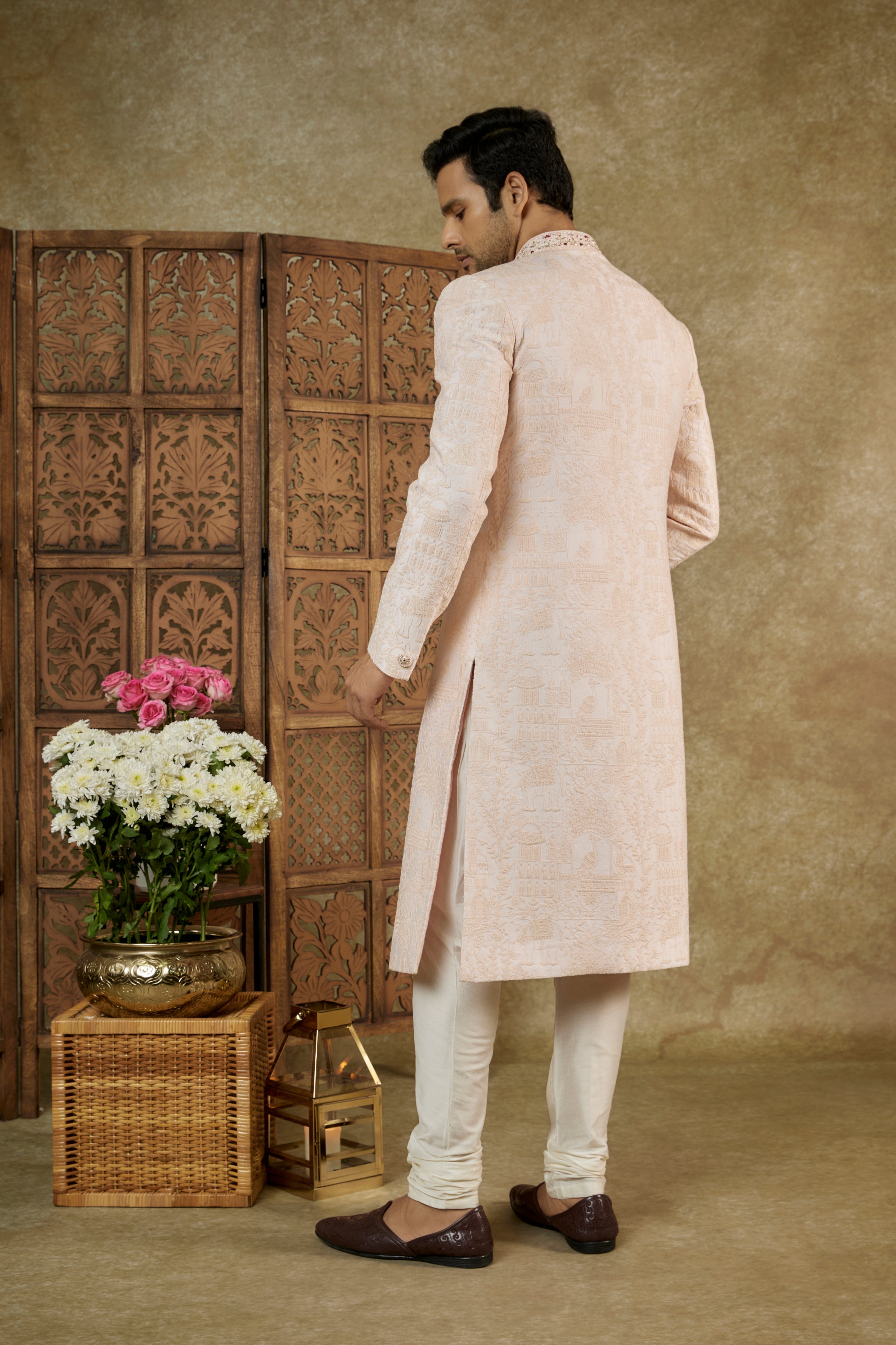 LIGHT PEACH LUCKNOWI SHERWANI SET