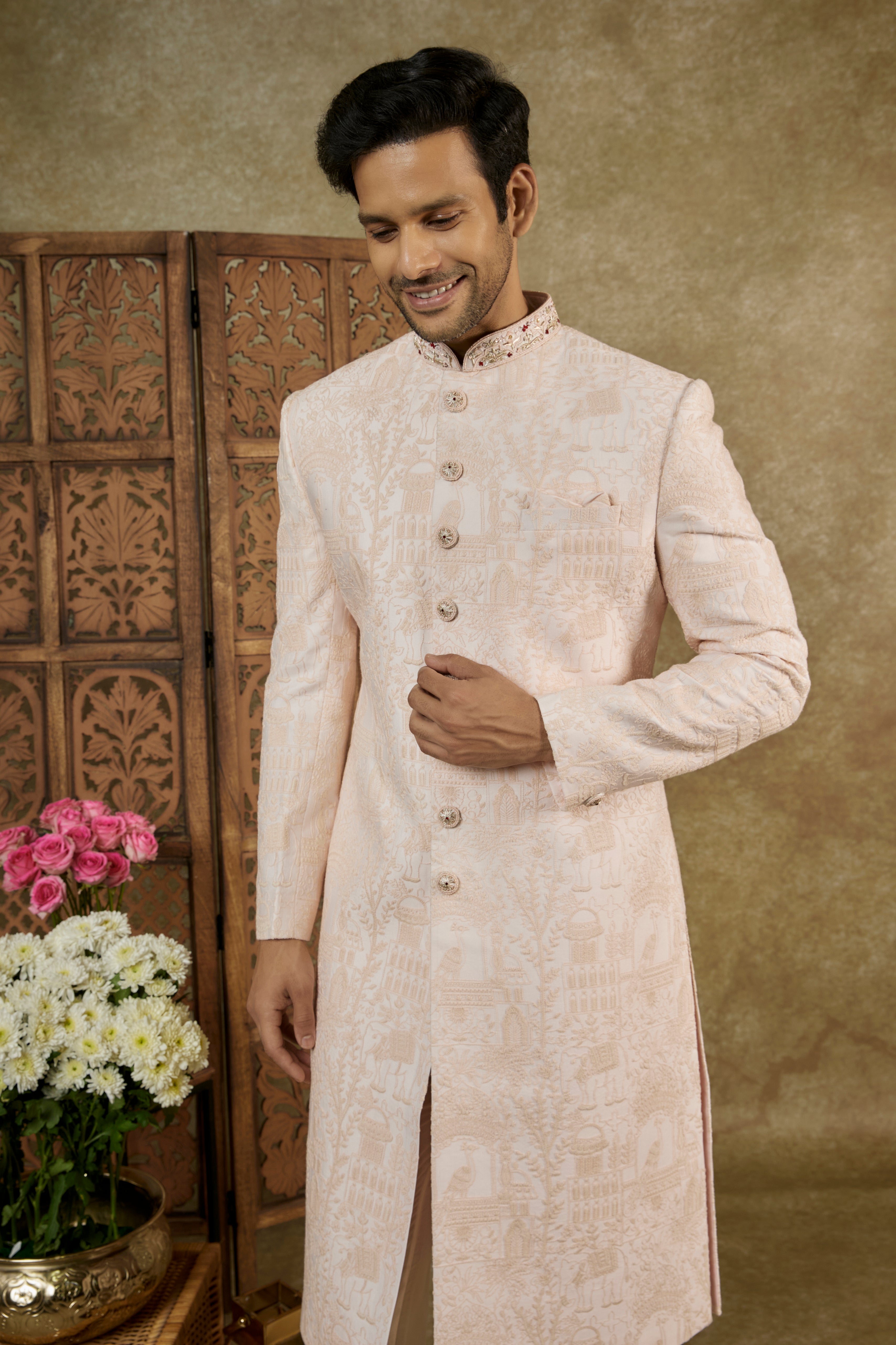 LIGHT PEACH LUCKNOWI SHERWANI SET